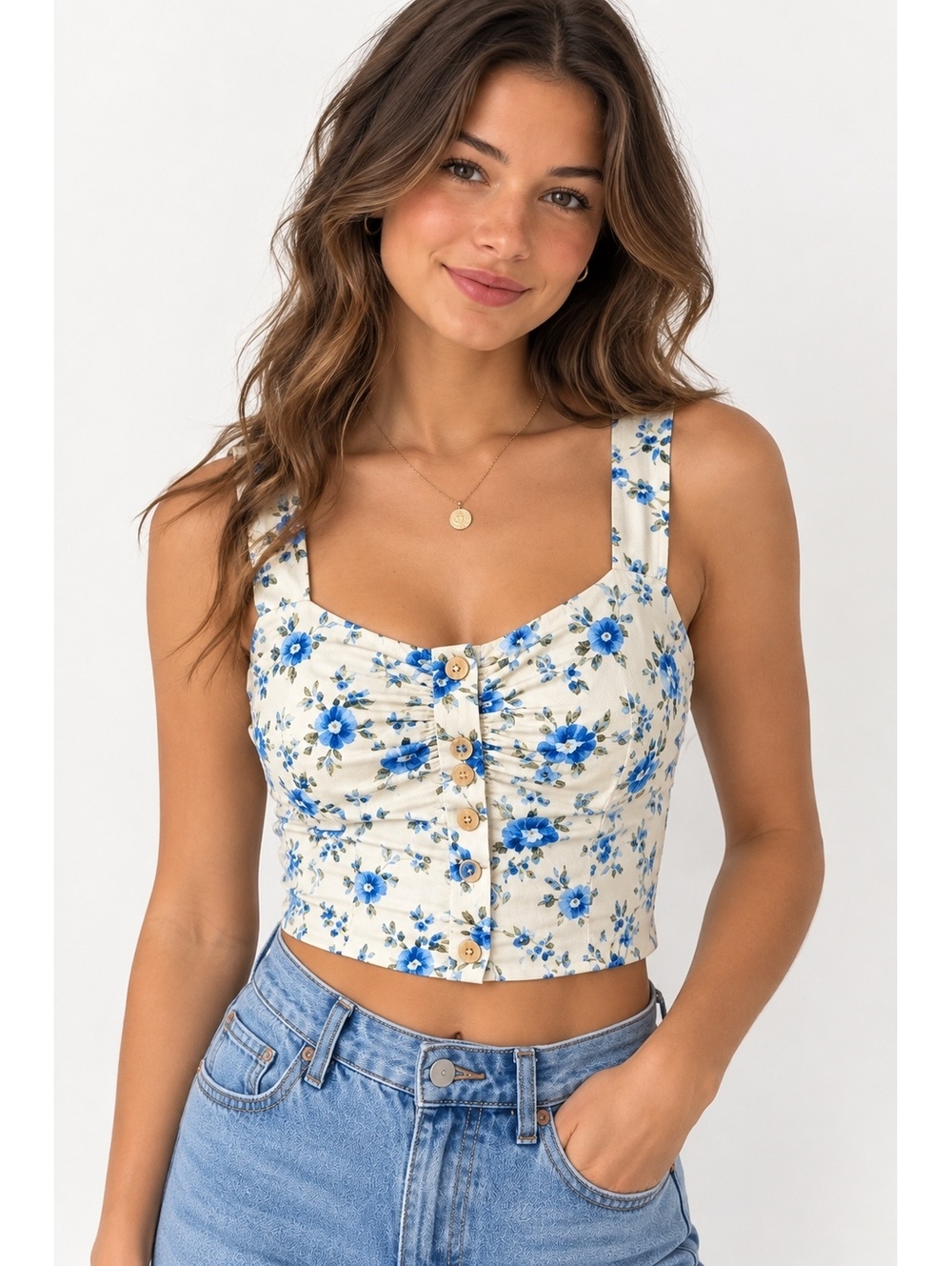 Monteau Los Angeles Floral Smocked Crop Top Blue Cream Cottagecore Size S